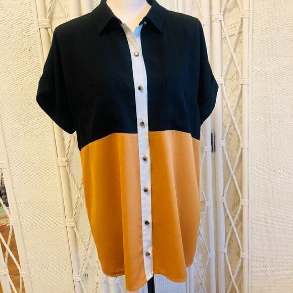 Forever 21 Blouse Colorblock Button Front Black Gold Oversized size Medium - Picture 3 of 16